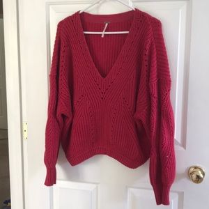 Free People red chunky knit v neck sweater